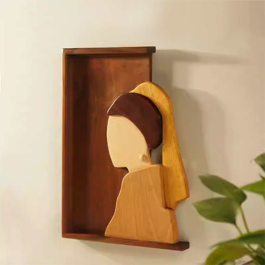 Black Walnut Girl with Pearl Earrings Wall Decor