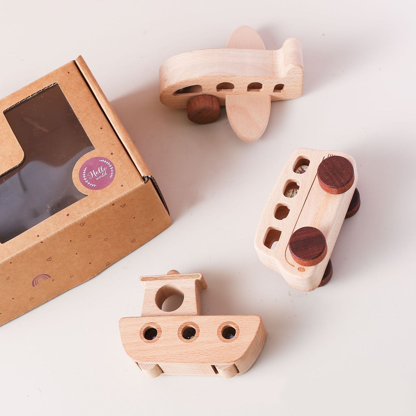 Solid Wood Aircraft Toy with Rolling Marbles