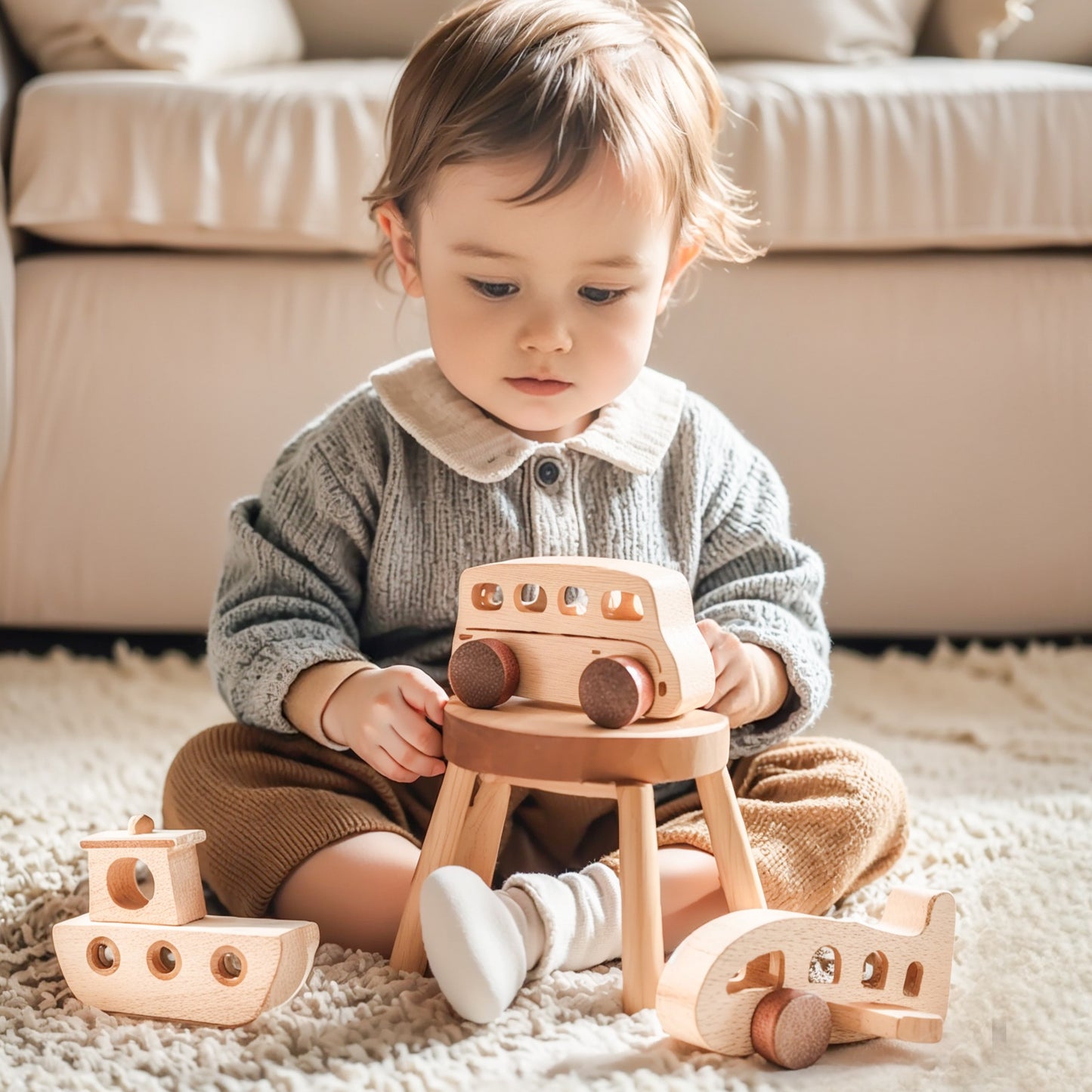 Solid Wood Aircraft Toy with Rolling Marbles