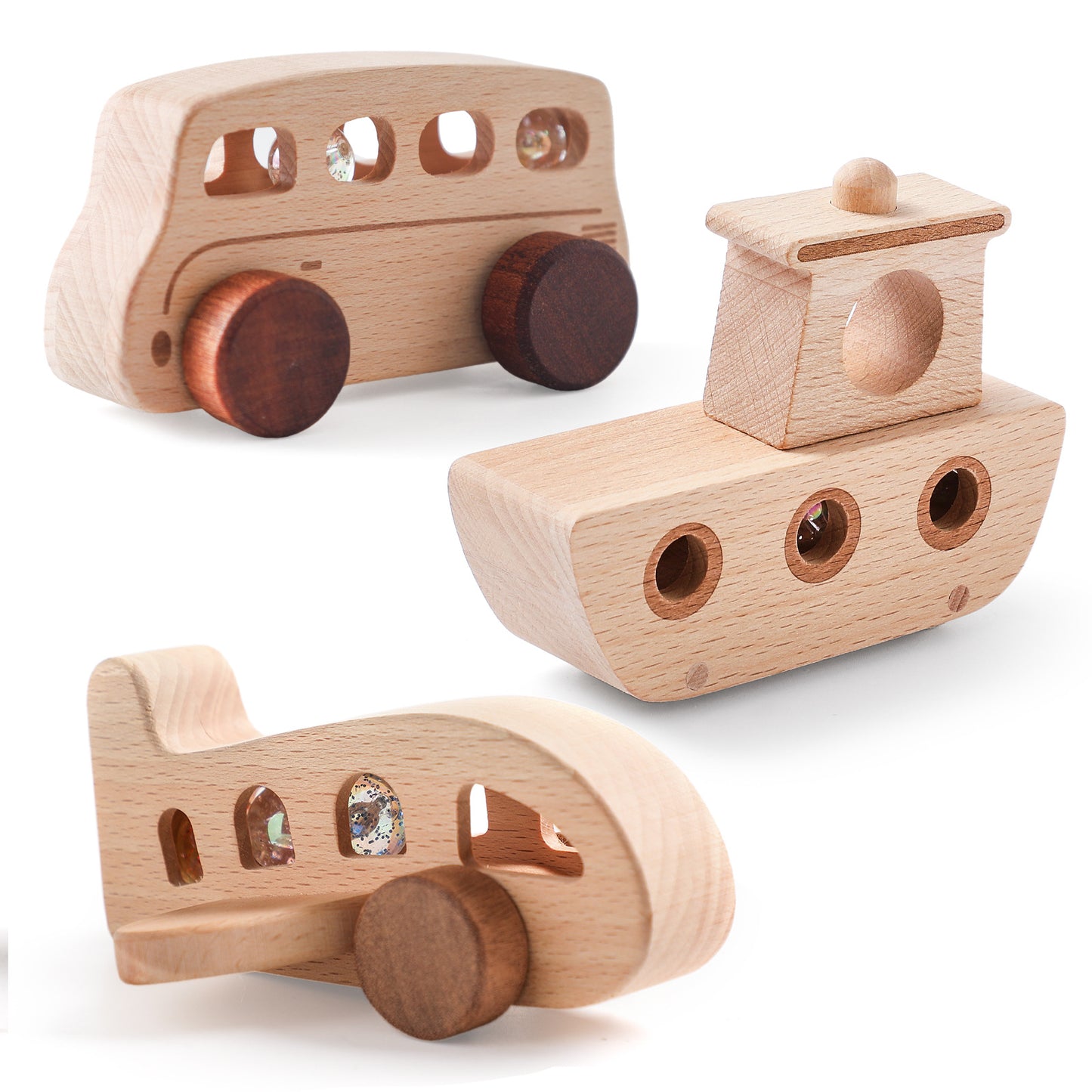 Solid Wood Aircraft Toy with Rolling Marbles