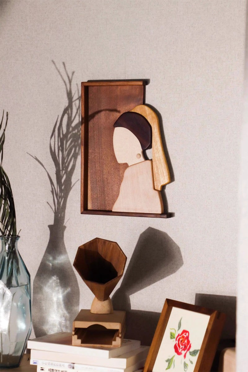 Black Walnut Girl with Pearl Earrings Wall Decor